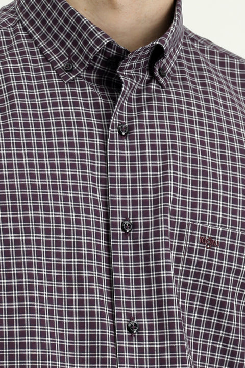 Koyu Bordo Uzun Kol Regular Fit Ekose Düğmeli Yaka Pamuk Gömlek