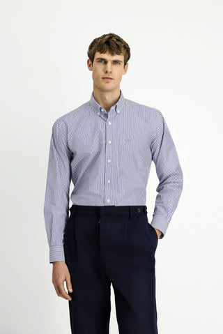  Orta Lacivert Uzun Kol Regular Fit Çizgili Düğmeli Yaka Pamuklu Kolay Ütülenebilir Gömlek