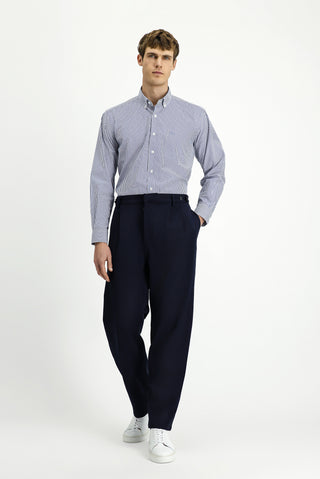  Orta Lacivert Uzun Kol Regular Fit Çizgili Düğmeli Yaka Pamuklu Kolay Ütülenebilir Gömlek