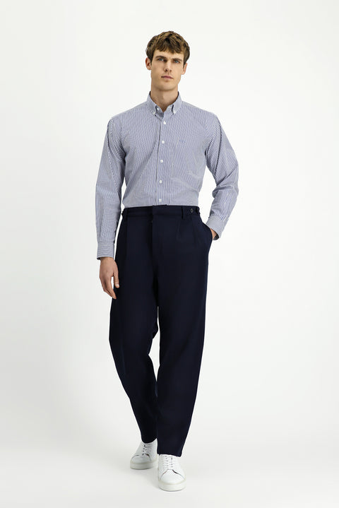 Orta Lacivert Uzun Kol Regular Fit Çizgili Düğmeli Yaka Pamuklu Kolay Ütülenebilir Gömlek