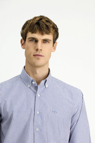  Orta Lacivert Uzun Kol Regular Fit Çizgili Düğmeli Yaka Pamuklu Kolay Ütülenebilir Gömlek