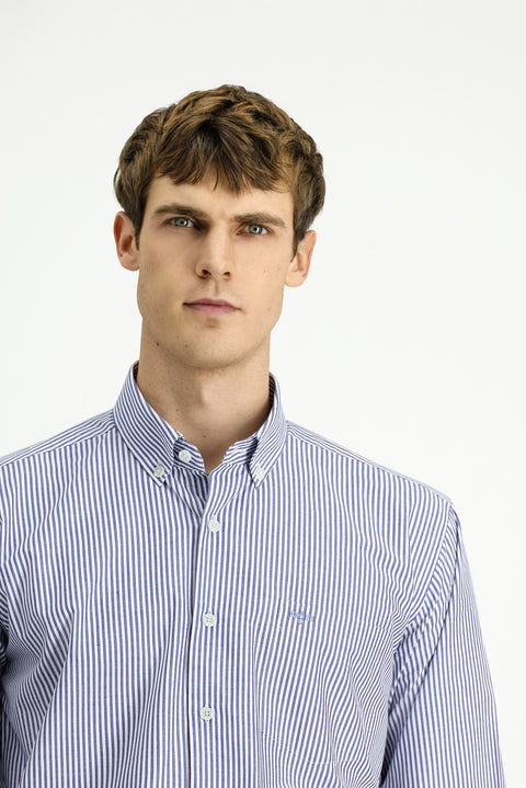 Orta Lacivert Uzun Kol Regular Fit Çizgili Düğmeli Yaka Pamuklu Kolay Ütülenebilir Gömlek