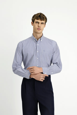  Orta Lacivert Uzun Kol Regular Fit Çizgili Düğmeli Yaka Pamuklu Kolay Ütülenebilir Gömlek