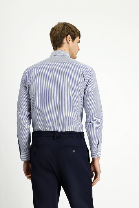 Orta Lacivert Uzun Kol Regular Fit Çizgili Düğmeli Yaka Pamuklu Kolay Ütülenebilir Gömlek