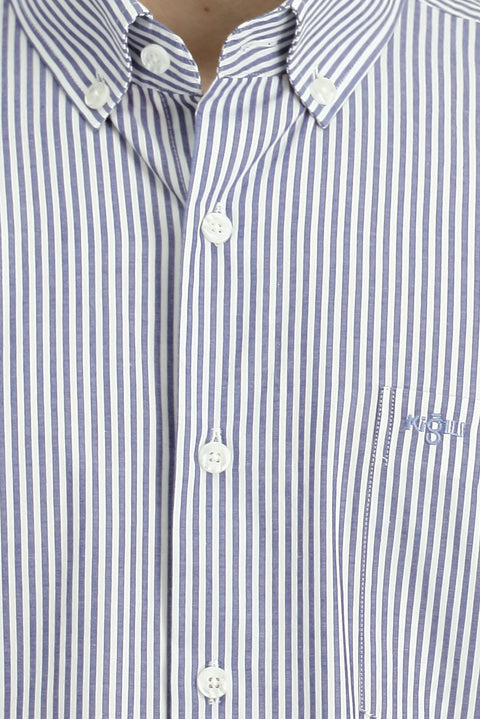 Orta Lacivert Uzun Kol Regular Fit Çizgili Düğmeli Yaka Pamuklu Kolay Ütülenebilir Gömlek