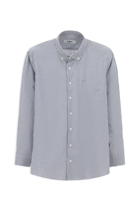 Orta Lacivert Uzun Kol Regular Fit Çizgili Düğmeli Yaka Pamuklu Kolay Ütülenebilir Gömlek