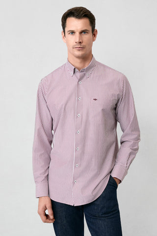  Kiremit Uzun Kol Regular Fit Çizgili Düğmeli Yaka Pamuklu Kolay Ütülenebilir Gömlek