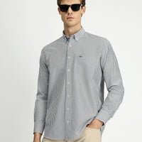 Açık Antrasit Uzun Kol Regular Fit Çizgili Düğmeli Yaka Pamuklu Kolay Ütülenebilir Gömlek