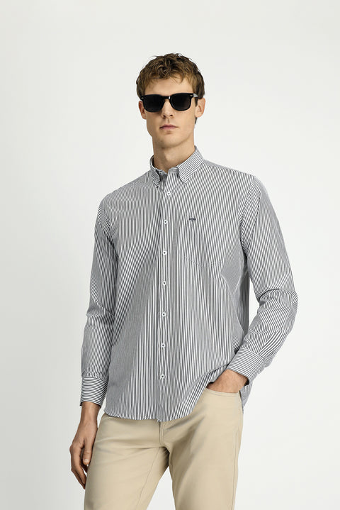 Açık Antrasit Uzun Kol Regular Fit Çizgili Düğmeli Yaka Pamuklu Kolay Ütülenebilir Gömlek