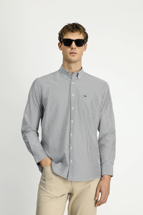 Açık Antrasit Uzun Kol Regular Fit Çizgili Düğmeli Yaka Pamuklu Kolay Ütülenebilir Gömlek