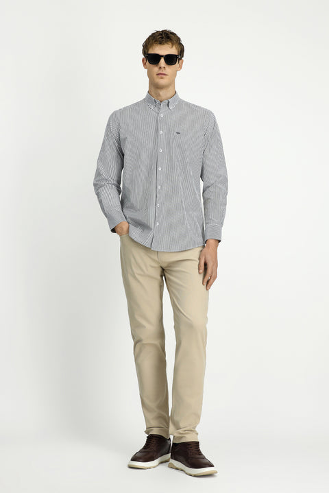 Açık Antrasit Uzun Kol Regular Fit Çizgili Düğmeli Yaka Pamuklu Kolay Ütülenebilir Gömlek