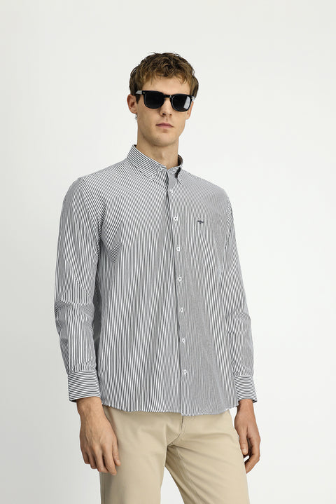 Açık Antrasit Uzun Kol Regular Fit Çizgili Düğmeli Yaka Pamuklu Kolay Ütülenebilir Gömlek