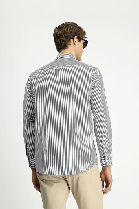 Açık Antrasit Uzun Kol Regular Fit Çizgili Düğmeli Yaka Pamuklu Kolay Ütülenebilir Gömlek