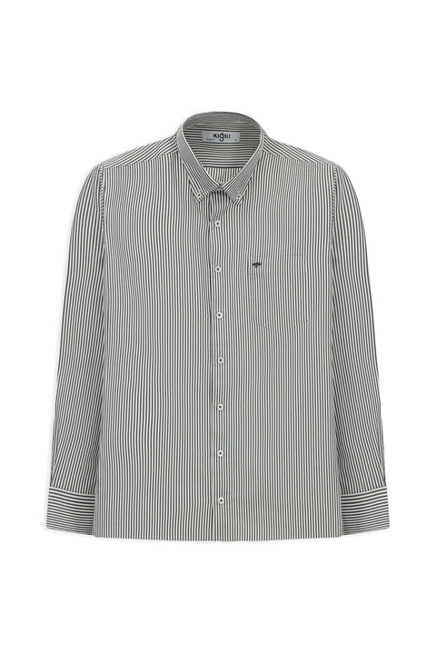 Açık Antrasit Uzun Kol Regular Fit Çizgili Düğmeli Yaka Pamuklu Kolay Ütülenebilir Gömlek