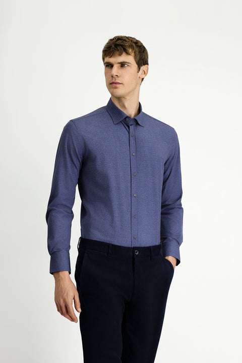 Orta Lacivert Uzun Kol Slim Fit Dar Kesim Pamuklu Gömlek