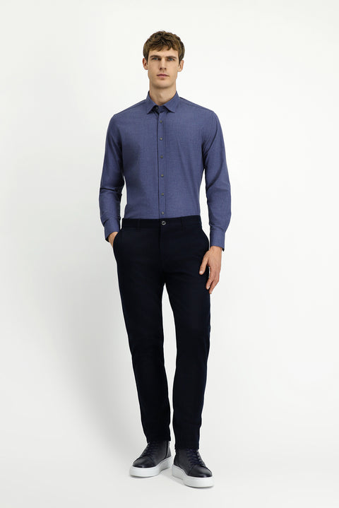 Orta Lacivert Uzun Kol Slim Fit Dar Kesim Pamuklu Gömlek