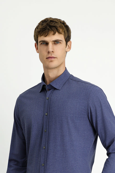 Orta Lacivert Uzun Kol Slim Fit Dar Kesim Pamuklu Gömlek