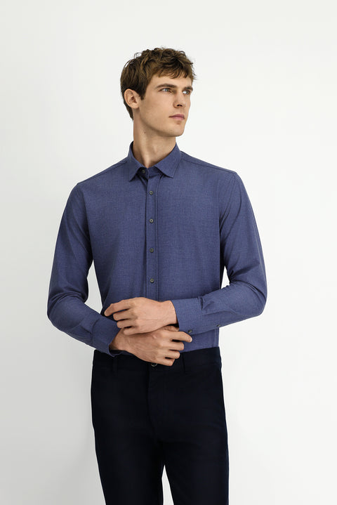 Orta Lacivert Uzun Kol Slim Fit Dar Kesim Pamuklu Gömlek