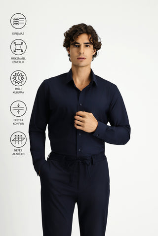  Koyu Lacivert Techno-Line Uzun Kol Slim Fit Dar Kesim Klasik Likralı Gömlek