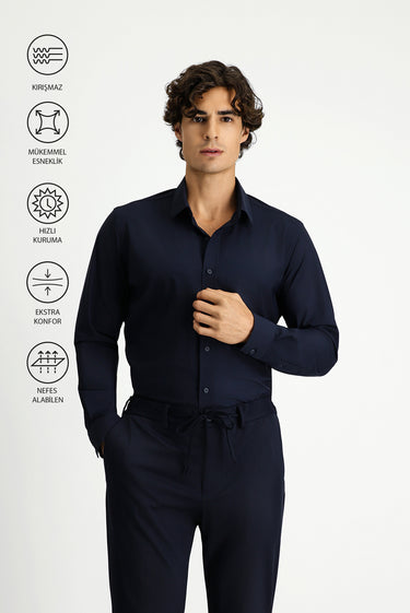  Koyu Lacivert Techno-Line Uzun Kol Slim Fit Dar Kesim Klasik Likralı Gömlek