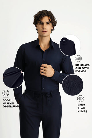  Koyu Lacivert Techno-Line Uzun Kol Slim Fit Dar Kesim Klasik Likralı Gömlek