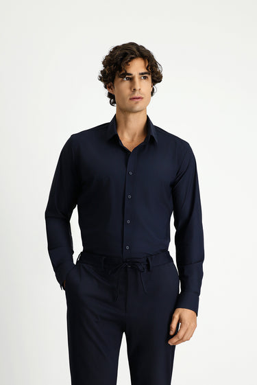 Koyu Lacivert Techno-Line Uzun Kol Slim Fit Dar Kesim Klasik Likralı Gömlek