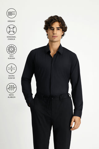  Siyah Techno-Line Uzun Kol Slim Fit Dar Kesim Klasik Likralı Gömlek