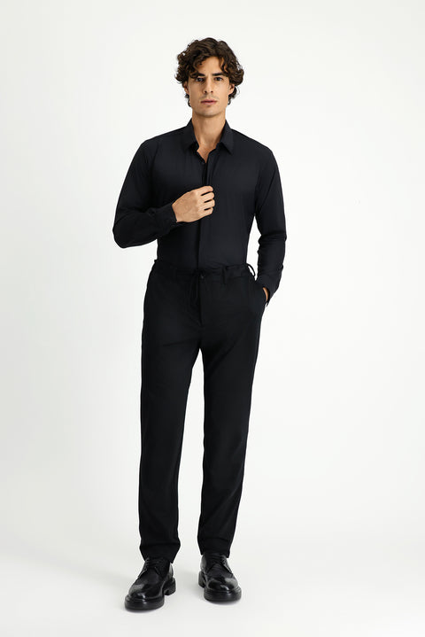 Siyah Techno-Line Uzun Kol Slim Fit Dar Kesim Klasik Likralı Gömlek