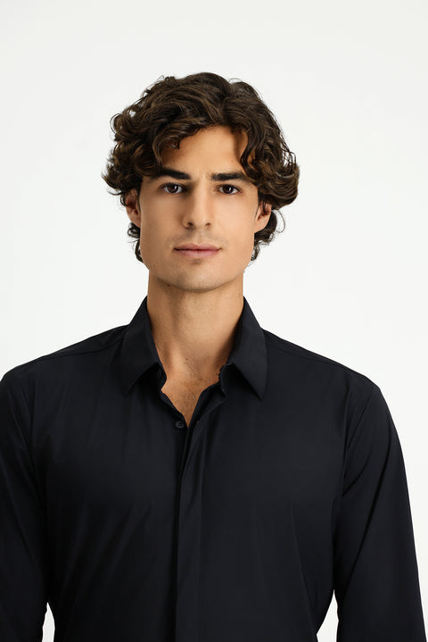 Siyah Techno-Line Uzun Kol Slim Fit Dar Kesim Klasik Likralı Gömlek