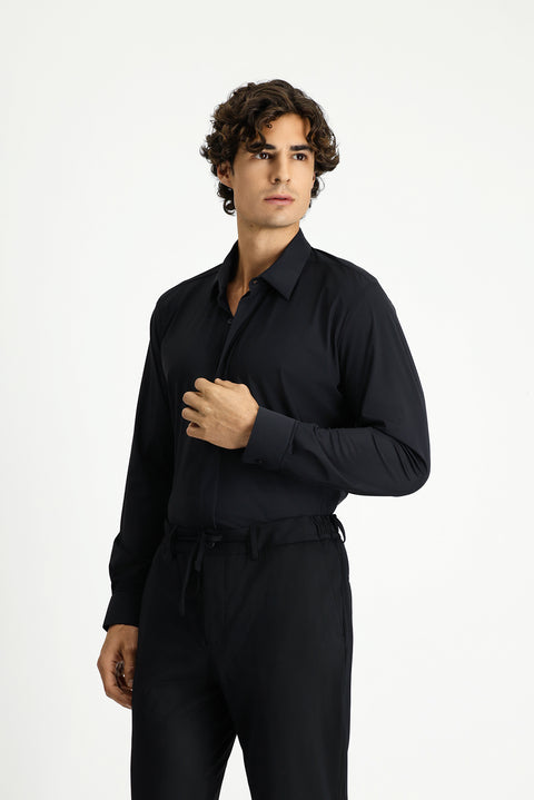 Siyah Techno-Line Uzun Kol Slim Fit Dar Kesim Klasik Likralı Gömlek