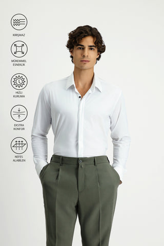  Beyaz Techno-Line Uzun Kol Slim Fit Dar Kesim Klasik Likralı Gömlek