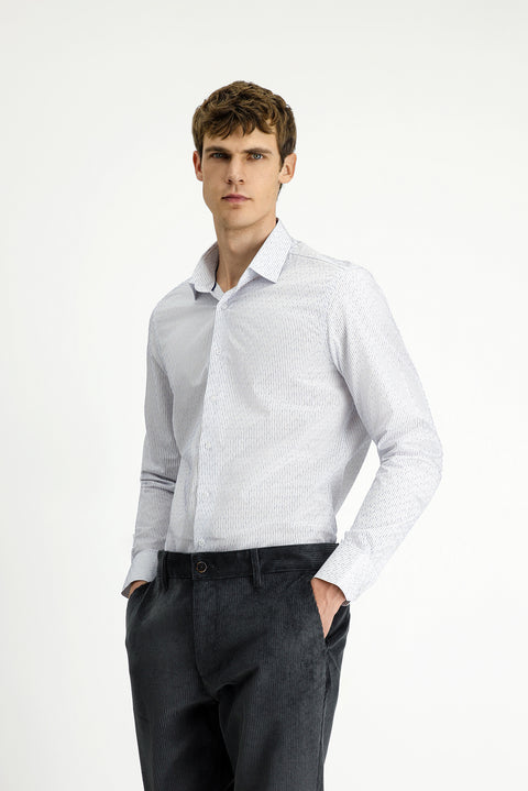 Koyu Lacivert Uzun Kol Slim Fit Dar Kesim Klasik Çizgili Pamuk Gömlek