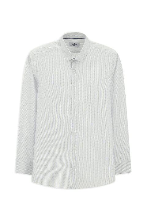 Koyu Lacivert Uzun Kol Slim Fit Dar Kesim Klasik Çizgili Pamuk Gömlek