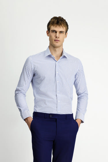  Mavi Uzun Kol Slim Fit Pamuk Çizgili Gömlek