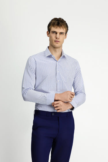  Mavi Uzun Kol Slim Fit Pamuk Çizgili Gömlek