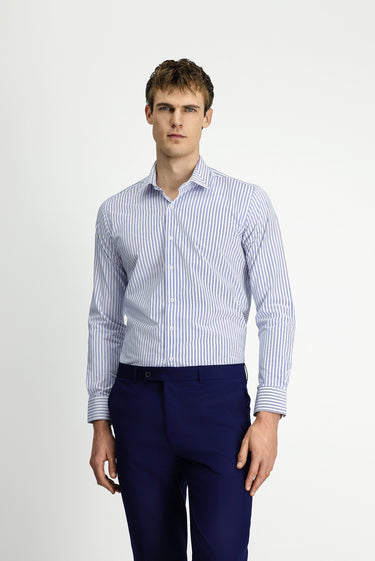  Mavi Uzun Kol Slim Fit Pamuk Çizgili Gömlek