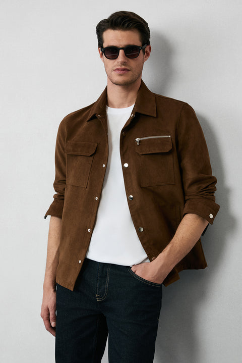 Açık Kahve  Cepli Çıtçıtlı Süet Ceket / Mont