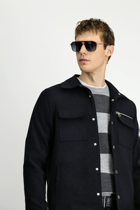 Orta Antrasit Cepli Çıtçıtlı Süet Ceket / Mont