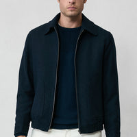 Koyu Lacivert Gömlek Yaka Yünlü Fermuarlı Bomber Ceket / Mont