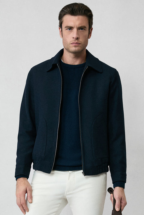 Koyu Lacivert Gömlek Yaka Yünlü Fermuarlı Bomber Ceket / Mont