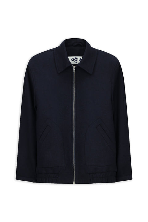 Dark Navy Shirt Collar Wool Zip-Up Bomber Jacket / Coat