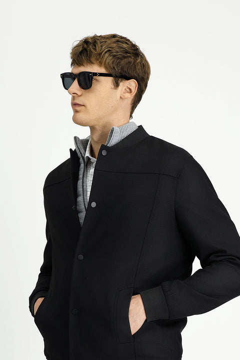 Siyah Slim Fit Dar Kesim Likralı Çıtçıtlı Cepli Bomber Ceket Mont