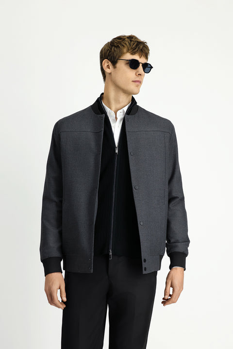 Medium Gray Slim Fit Narrow Cut Lycra Snap Button Pocket Bomber Jacket