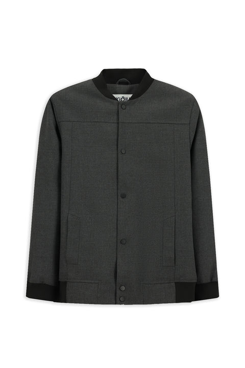 Medium Gray Slim Fit Narrow Cut Lycra Snap Button Pocket Bomber Jacket