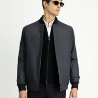 Medium Gray Slim Fit Narrow Cut Lycra Snap Button Pocket Bomber Jacket