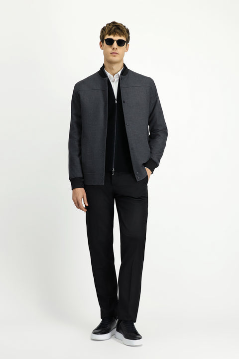 Medium Gray Slim Fit Narrow Cut Lycra Snap Button Pocket Bomber Jacket