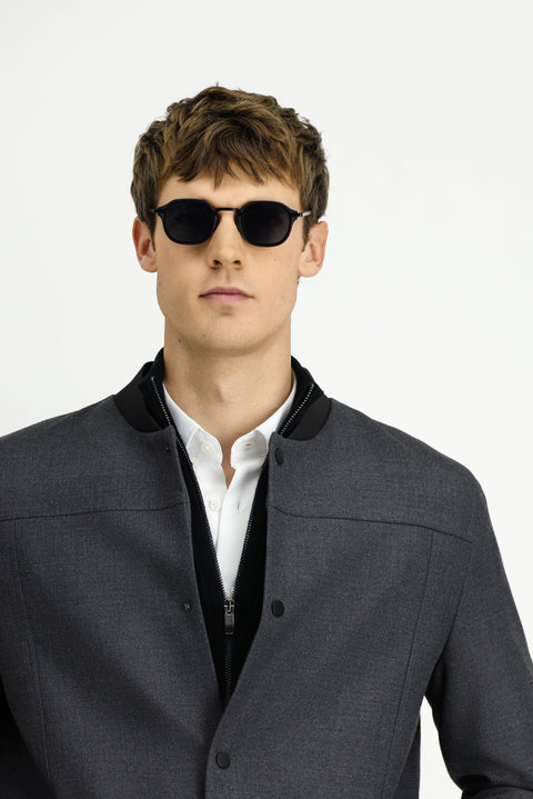 Medium Gray Slim Fit Narrow Cut Lycra Snap Button Pocket Bomber Jacket