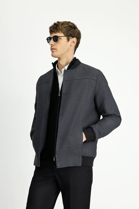 Medium Gray Slim Fit Narrow Cut Lycra Snap Button Pocket Bomber Jacket