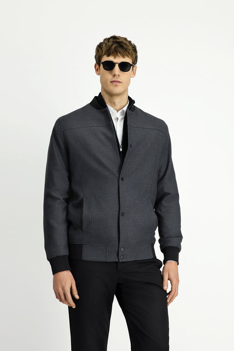 Medium Gray Slim Fit Narrow Cut Lycra Snap Button Pocket Bomber Jacket