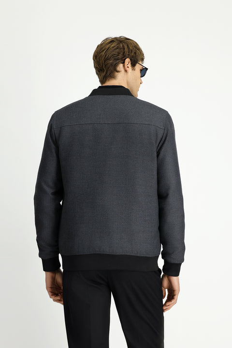 Medium Gray Slim Fit Narrow Cut Lycra Snap Button Pocket Bomber Jacket